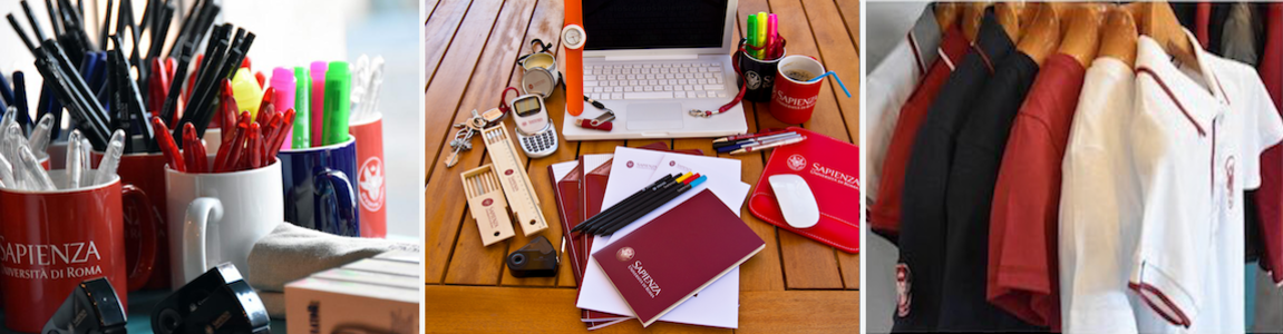 immagine di articoli del merchandising sapienza: mug usate come porta pennne, set di quaderni, maite,  mouse pad e accessori per la scrivania: polo appese in fila