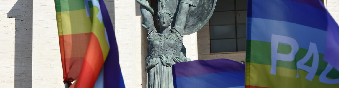 Minerva contornata da bandiere della pace