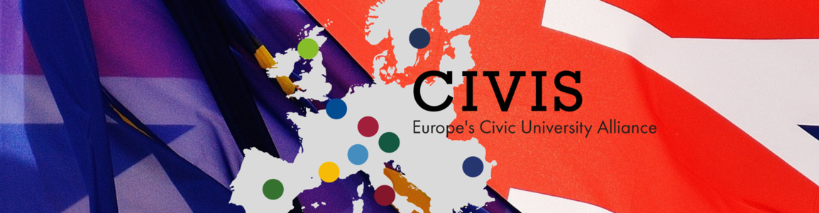 Bandiera Regno Unito e bandiera Unione Europea da sfondo a logo CIVIS