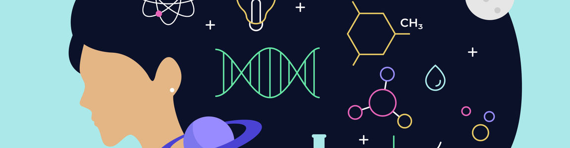 Concept dell'iniziativa - Una donna che ha tra i capelli i simboli delle discipline scientifiche