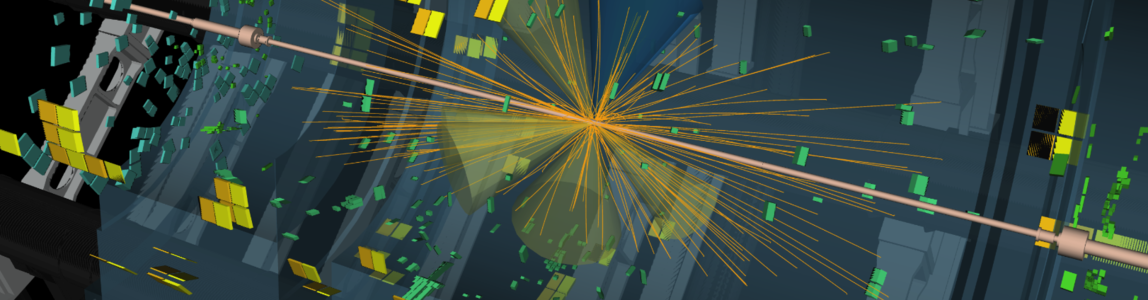 "Visualizzazione di un candidato ttH osservato dagli esperimenti. Nell'evento sono presenti i due fotoni che provengono dal decadimento del bosone di Higgs (in verde) e i 6 jet dai quark top (coni gialli e arancioni)." "Visualizzazione di un candidato ttH osservato dagli esperimenti. Nell'evento sono presenti i due fotoni che provengono dal decadimento del bosone di Higgs (in verde) e i 6 jet dai quark top (coni gialli e arancioni)."