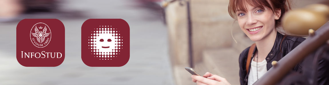 ragazza che guarda il cellulare e sorride, icona dell'app Infostud e dell'assistente virtuale