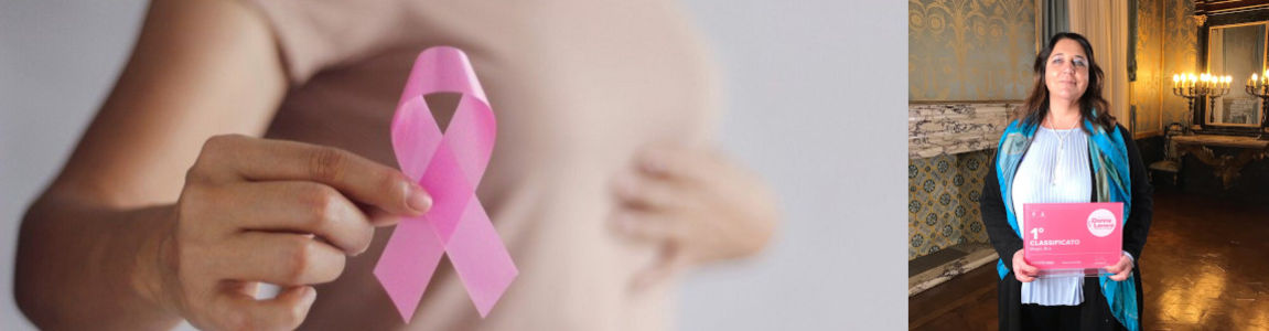 fiocchetto rosa e busto di donna sullo sfondo