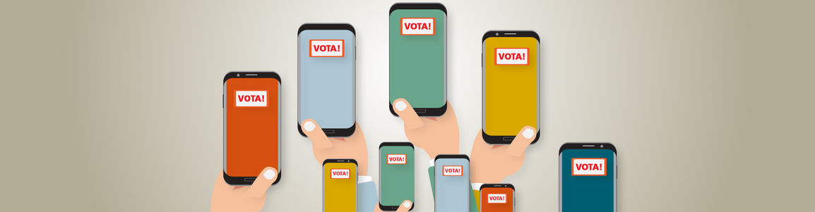 mani alzate stilizzate con slogan vota sullo schermo dei cellulari