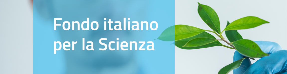 Scritta Fpndo italiano per la scienza e scienziato sullo sfondo che regge un ramo