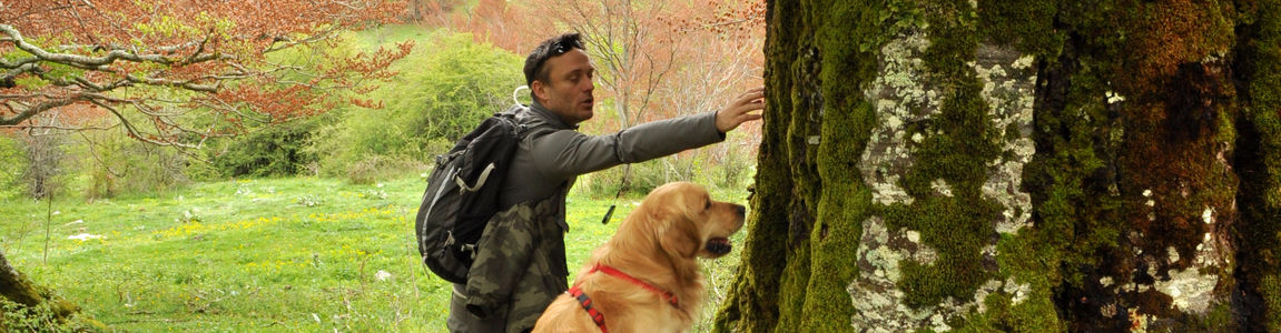 ricercatore in un bosco con un cane molecolare