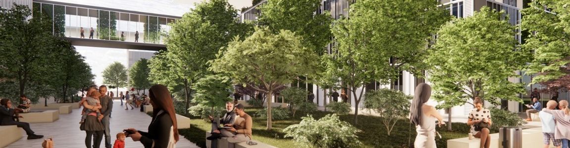 Rendering con persone negli spazi del nuovo Rome Technopole 