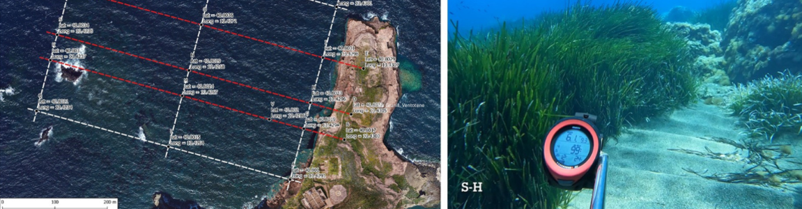 immagini satellitari dell'Isola di Ventotene e immagine subacquea di misuratore elettronico