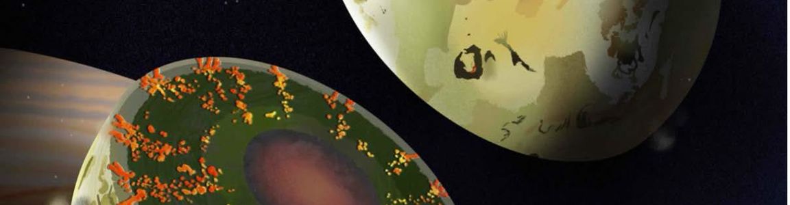 Struttura interna di Io. La nuova misura della deformazione mareale suggerisce che la luna non abbia un oceano globale di magma vicino la superficie ma è coerente con la presenza di un mantello più solido (sfumature di verde), con una quantità significativa di materiale fuso (in giallo e arancione) che ricopre un nucleo liquido (in rosso/nero). Illustrazione di Sofia Shen (JPL/Caltech). Struttura interna di Io. La nuova misura della deformazione mareale suggerisce che la luna non abbia un oceano globale di magma vicino la superficie ma è coerente con la presenza di un mantello più solido (sfumature di verde), con una quantità significativa di materiale fuso (in giallo e arancione) che ricopre un nucleo liquido (in rosso/nero). Illustrazione di Sofia Shen (JPL/Caltech).