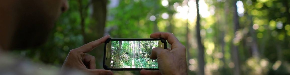 figura in ombra di un ragazzo con un telefonino nelle mani che scatta foto nella natura