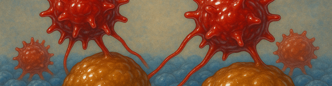 I macrofagi (in colore marrone) e le cellule “natural killer” (in colore rosso) interagiscono nell’ambiente metastatico (cellule tumorali in colore blu)_Immagine generata con l?IA