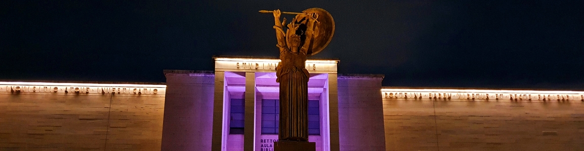 la statua della minerva illuminata di arancione