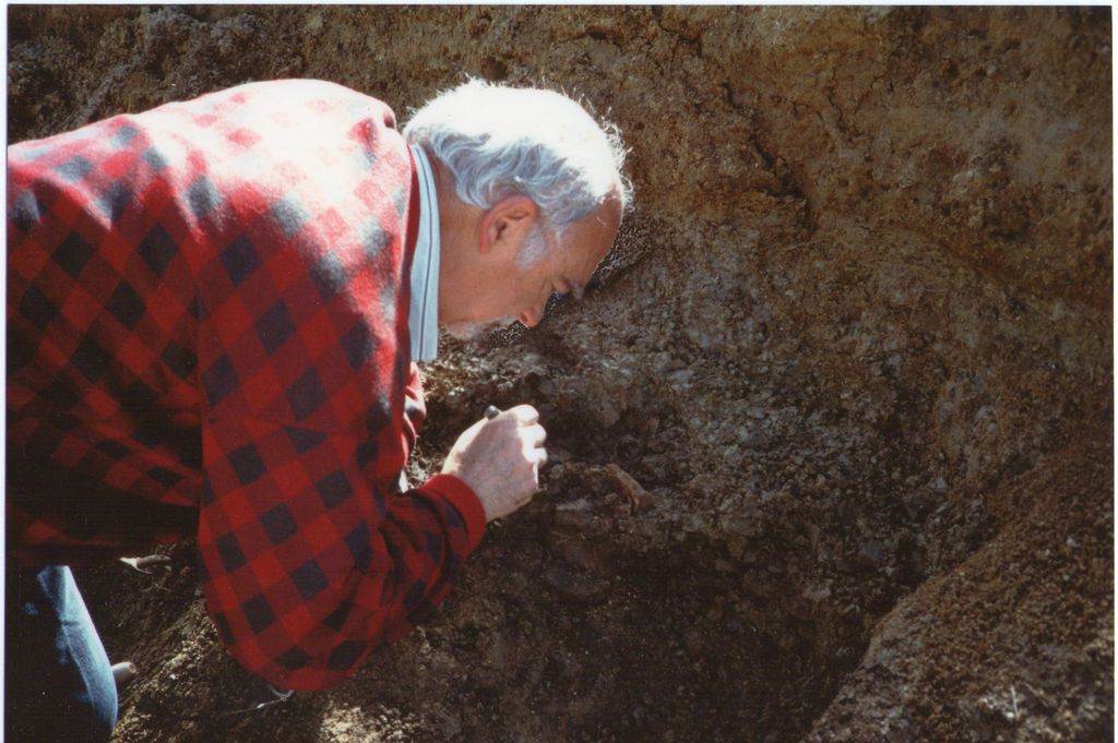 La scoperta del cranio di Ceprano nel marzo del 1994. Italo Biddittu estrae dai sedimenti smossi dal passaggio delle ruspe l’osso frontale ancora parzialmente inserito nello strato argilloso
