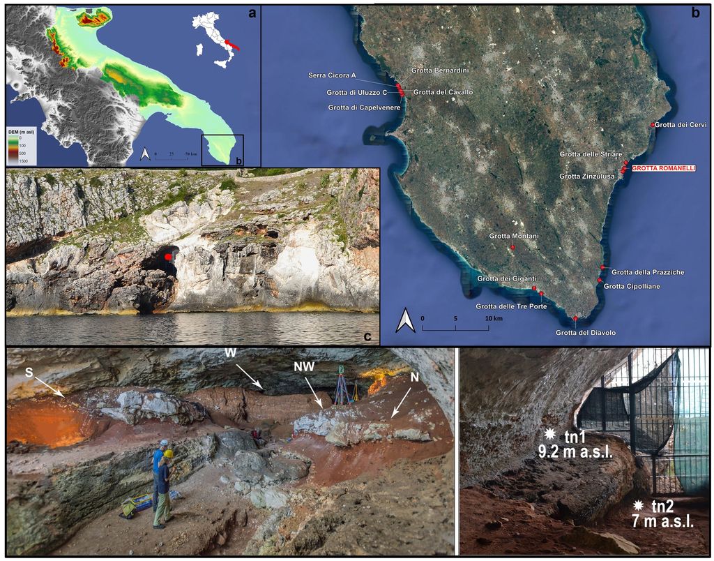 Ubicazione di Grotta Romanelli e immagini del cantiere interno di scavo. Gli asterischi indicano le linee di costa relative a differenti momenti del Pleistocene.