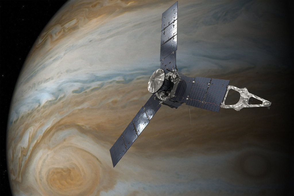 Rappresentazione artistica di Juno in orbita attorno a Giove. Crediti: Nasa/JPL-Caltech