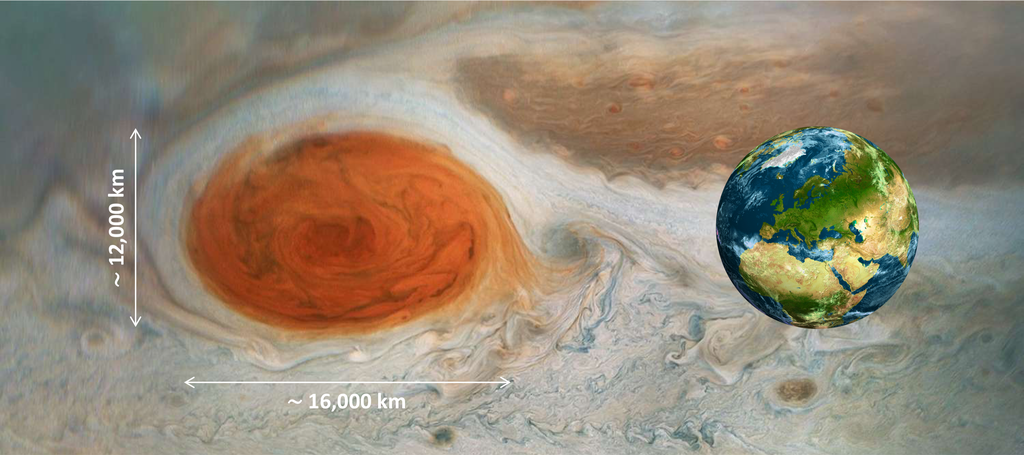 Le dimensioni della Grande macchia rossa a confronto con la Terra. La profondità determinata dalle misure di gravità è di soli 300 km. Credits: NASA/JPL-Caltech/SwRI/MSSS/Gerald Eichstädt /Seán Doran