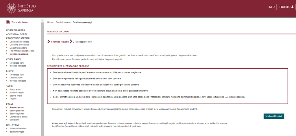 Passaggi di corso nel primo anno: Infostud