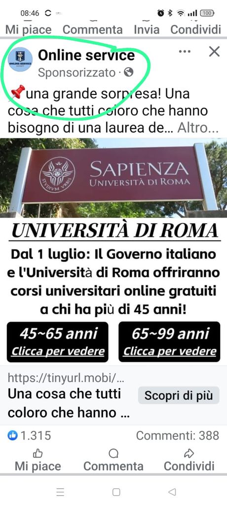 Messaggio fraudolento Corsi telematici Sapienza