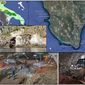 Ubicazione di Grotta Romanelli e immagini del cantiere interno di scavo. Gli asterischi indicano le linee di costa relative a differenti momenti del Pleistocene.